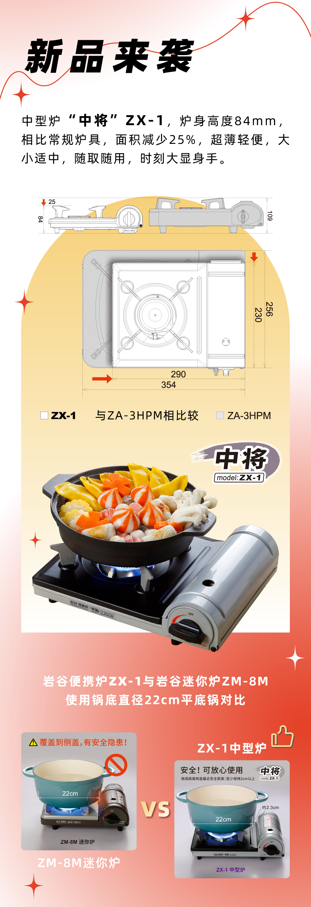 巖谷便攜爐ZX-1，爐身高度84mm，相比常規爐具，面積減少25%，
超薄輕便，大小適中，隨取隨用，時刻大顯身手。